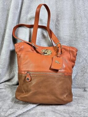 Emma Fox Classic Large Foldover Tote Leather Floral Tote in Orange & Brown